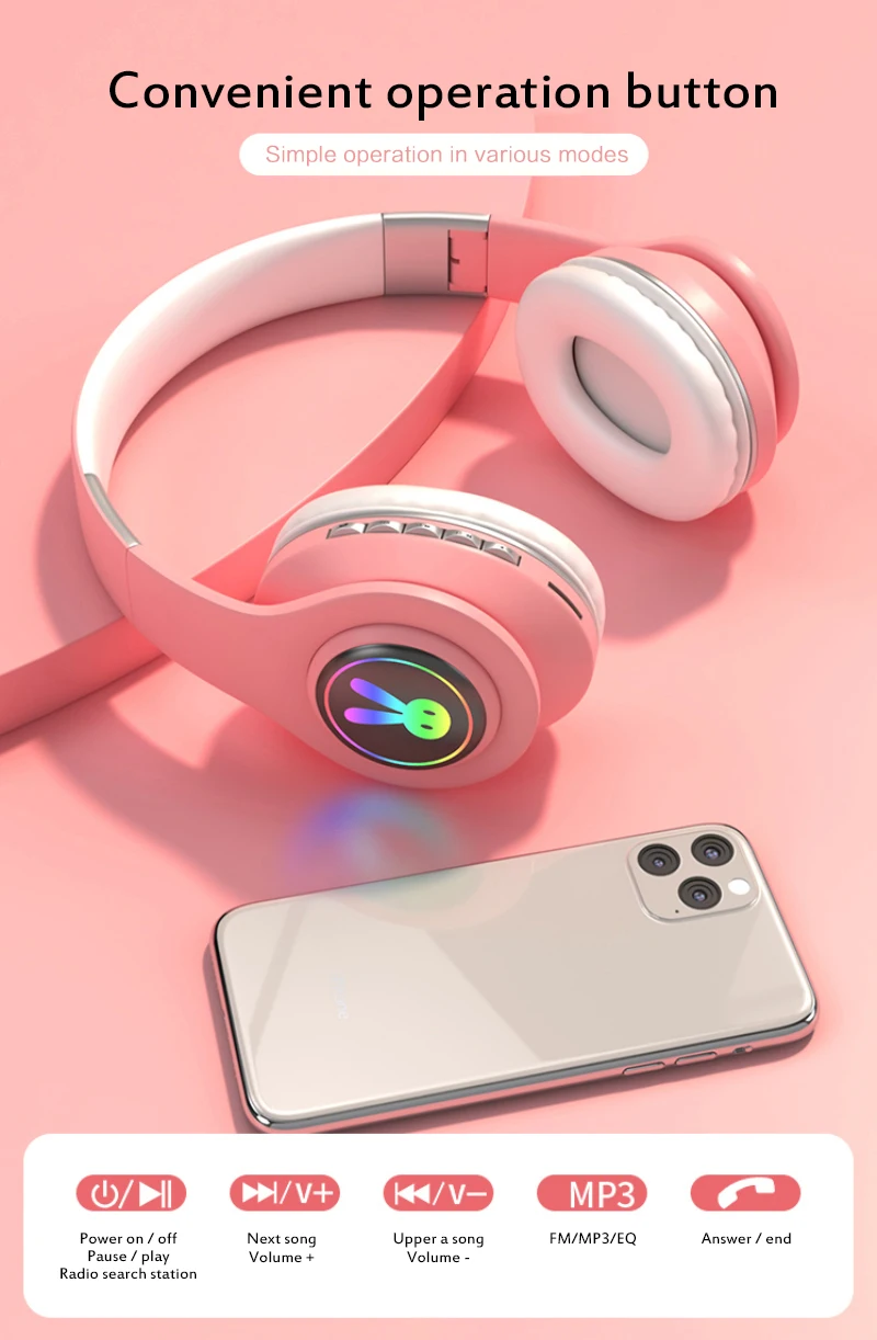 2020 Hi-fi Zvok Bas Slušalke Brezžične Bluetooth Slušalke LED Dihanje, Osvetlitev Slušalke za Dekleta, Otroci Mobilni Telefon Dodatki