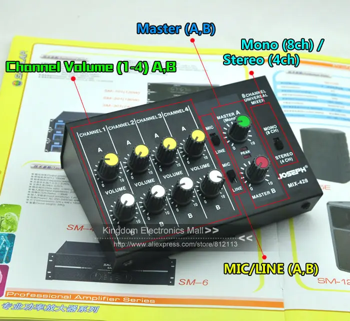 5-letna Garancija Prenosni Switchable Stereo 4 & Mono 8 Kanalov, Mikrofon, Audio Mini Mešalnik Konzolo Lahko Powered By 9V Baterijo