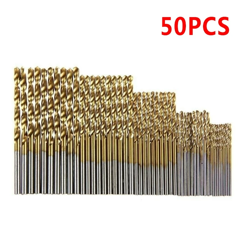 50Pcs HSS Titanium obložene hitroreznega Jekla Twist Drill Bit Nastavite Orodje za 1,0 mm/1,5 mm/2,0 mm/2.5/3.0 mm Ročna Orodja Moč Delov Zlata