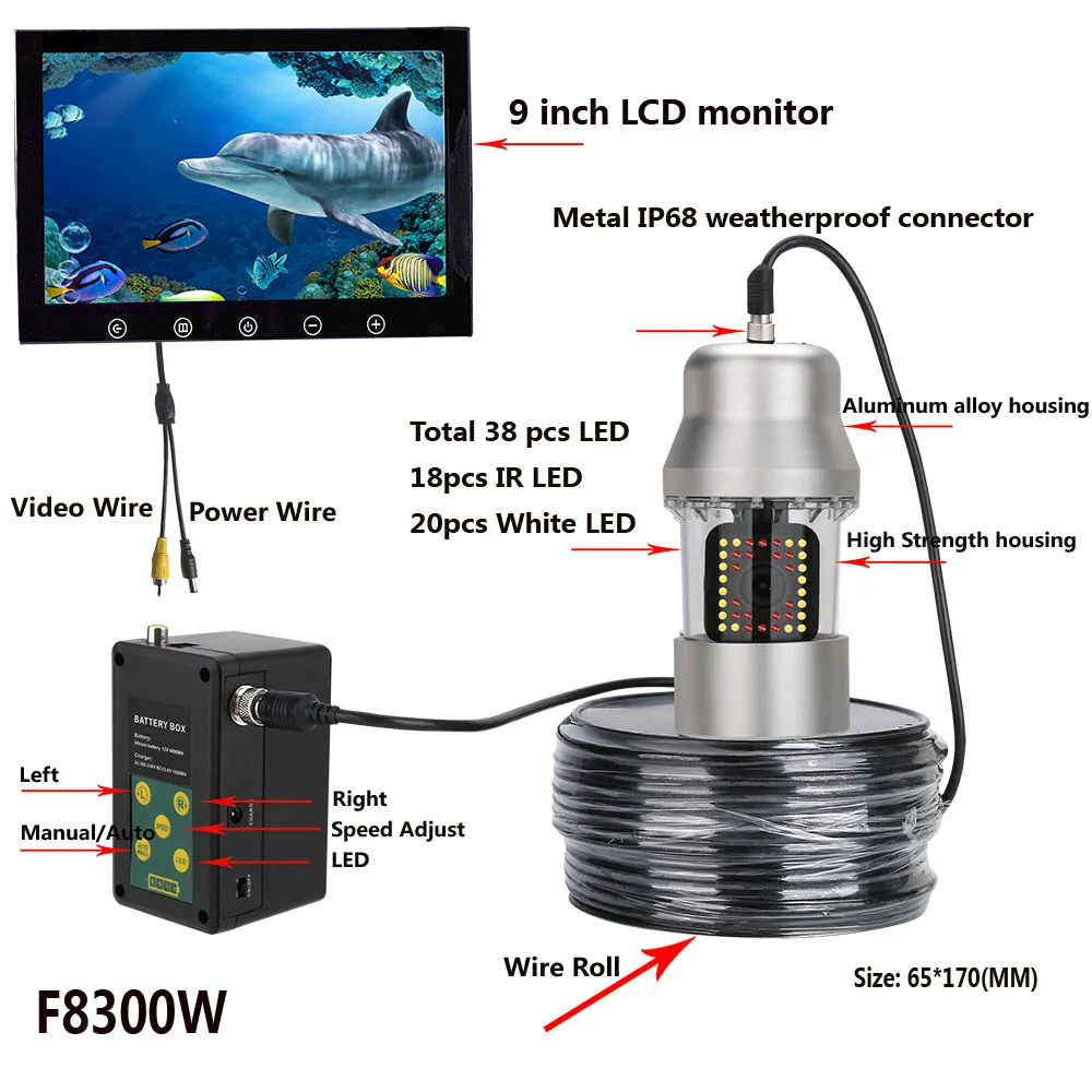 9-Palčni 20m Podvodni Ribolov Video Kamero, Fish Finder IP68 Vodotesen 38 Led 360 Stopinjsko Obračanje Fotoaparat