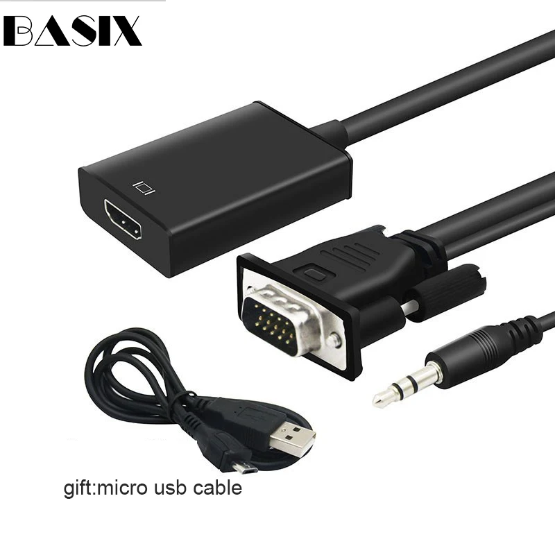 Basix VGA HDMI je združljiv Kabel usb S Kablom Zvočne Moči 1080P VGA2hdmi Moški-Ženski Adapter za prenosni RAČUNALNIK Projektor za HDTV