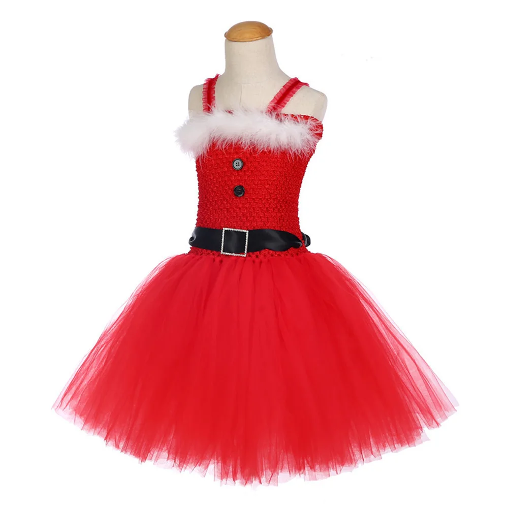 Dekleta Božič Santa Pozimi Obleko z Perja in Sashes Ročno Rdeče Zabuhle Obleko za Otroke Rojstni dan Tutu Stranka Obleko Oblačila