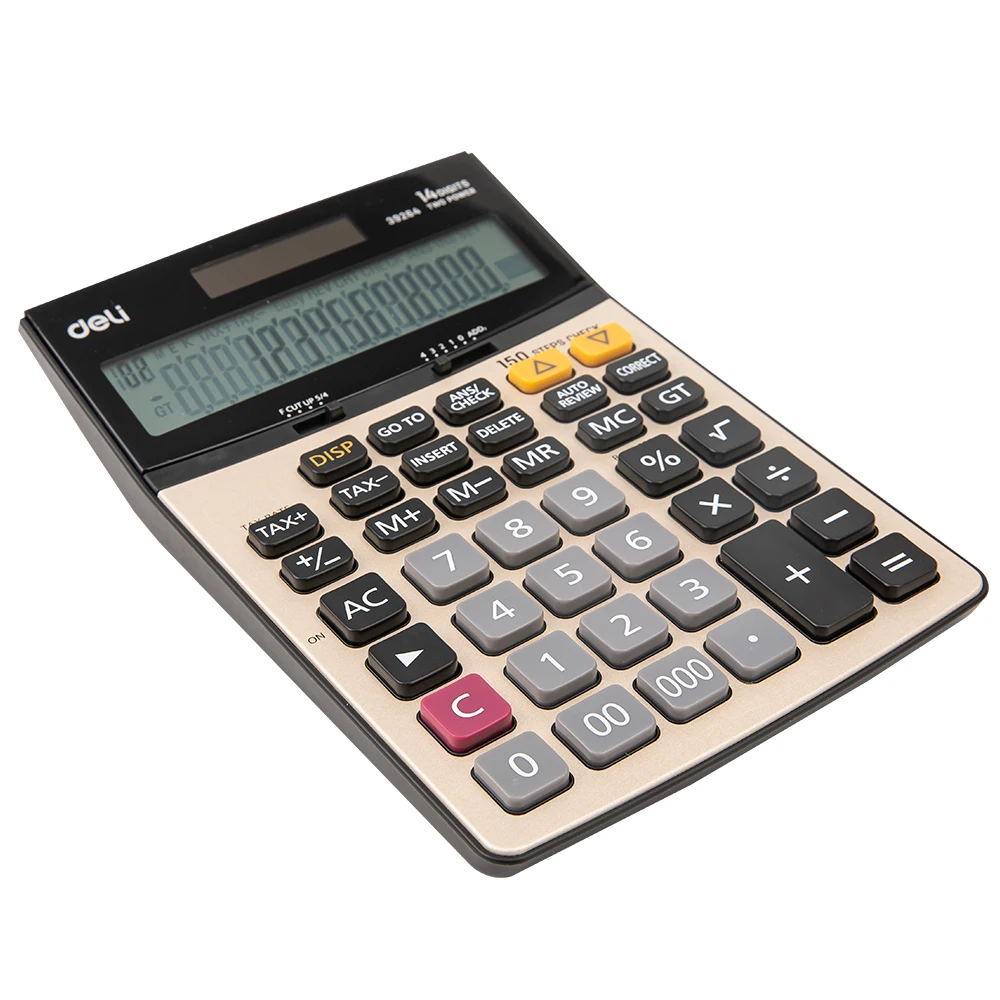 Deli E39264 Kalkulator - 150 korak preverite, Davčni Kalkulator 14 mest Kovinske površine - Baterija & Solarno Dvojno moč pisarniške tiskovine