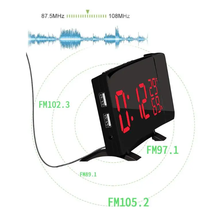 Digitalna Radio Budilka Projektor Dremež Programirano Temperaturo LED Zaslon USB Kabel za Polnjenje 110 Stopnja Tabela Radijska FM Ura