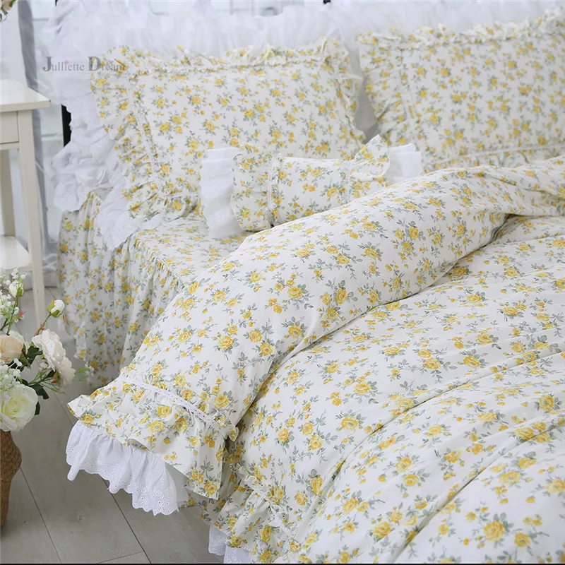 Elegantno cvet tiskanja posteljnina nabor Kmečko rjuhe kritje posteljnina Queen postelja nastavite po Meri posteljo stanja Ruffle čipke prevleke za posteljo oblačila