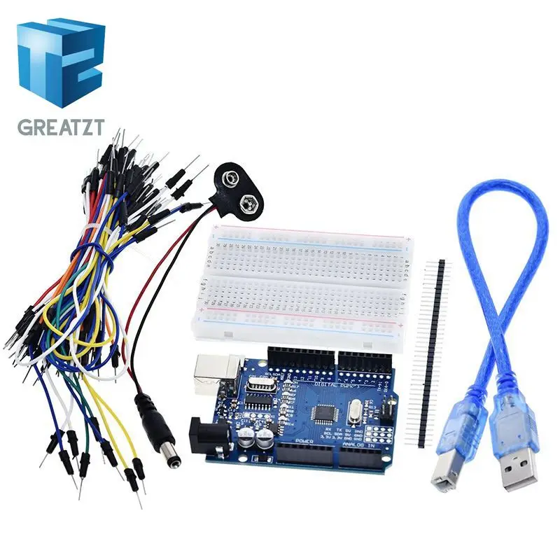 GREATZT Starter Kit za Arduino Uno R3 - Snop 5 Elementov: Uno R3, Breadboard, Skakalec Žice, USB Kabel in 9V Baterije Priključek