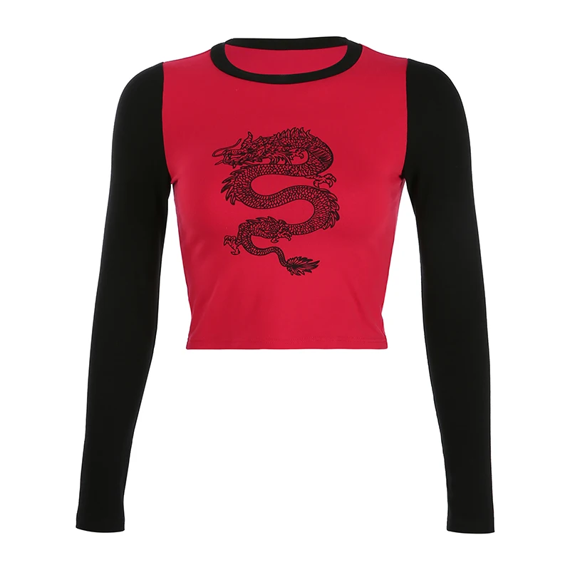 IAMHOTTY Zmaj Tiskanja Kitajski Ženske T-Shirt Kontrast Mozaik Dolg Rokav Obreži Zgoraj Harajuku Jeseni Ulične Nove T-Shirt Femme