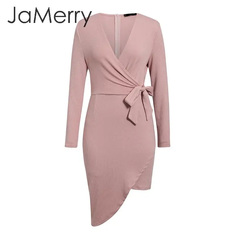 JaMerry Letnik seksi pleteno obleko Elegantno visoko pasu roza lok dolg rokav obleka Priložnostne urad dama jesensko zimski pulover obleko