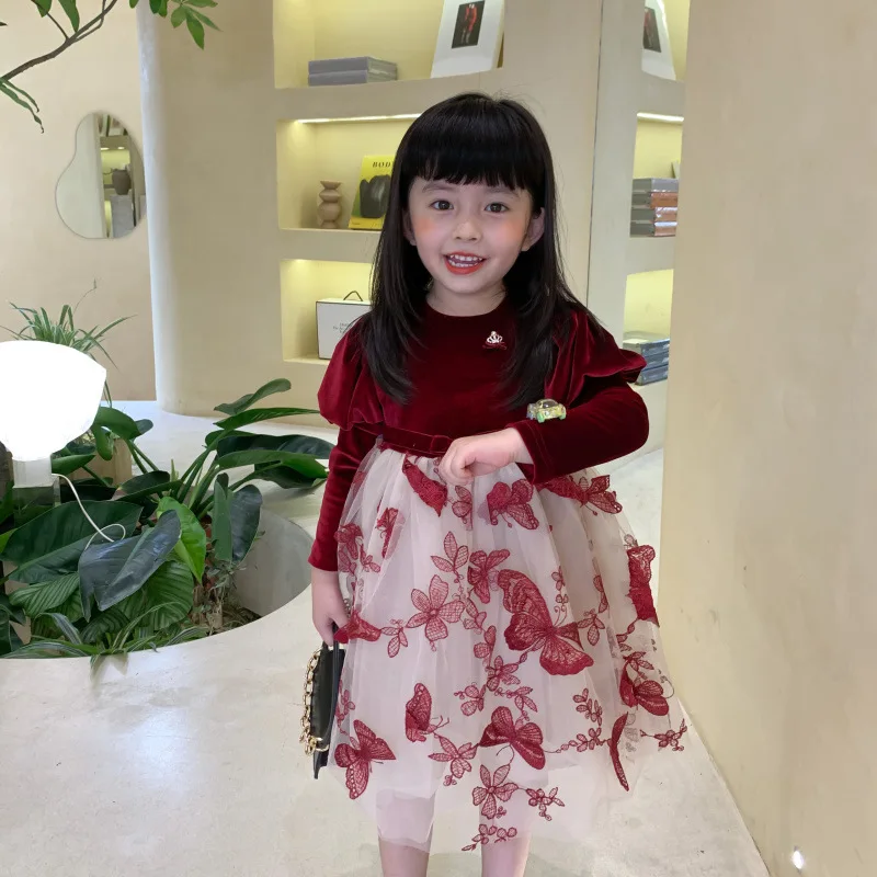 Jeseni Nov Prihod korejski stil modni princesa dolg rokav stranka obleko z metulj vzorec za cute sweet baby dekleta