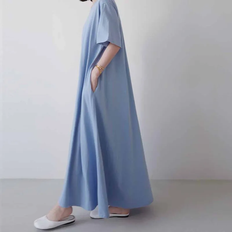 Johnature Poletje Novi korejski Preprosto-Line Barva Ženske Obleke 2021 Priložnostne O-vratu Kratek Rokav Vse Tekme Žepi Obleko