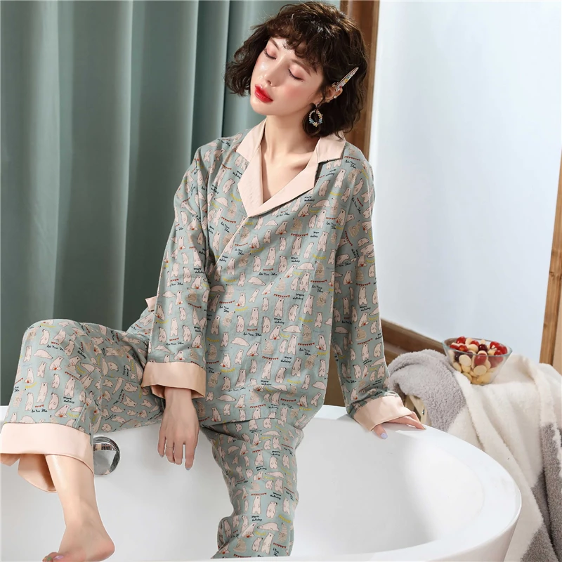 JULIJA JE PESEM Srčkan Nosi Pižamo Komplet 2 Kosov Ženske Risanka Kimono Tiskanje Pomlad Jesen Hlače Sleepwear Pižamo Homewear
