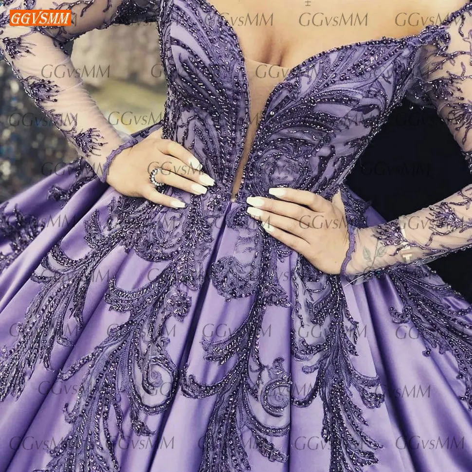 Lilac Purple Beaded Prom Obleke, Dolge Rokave 2021 Vestido De Fiesta Largo Saten Ženske Stranka Oblek Po Meri Vestidos Formales