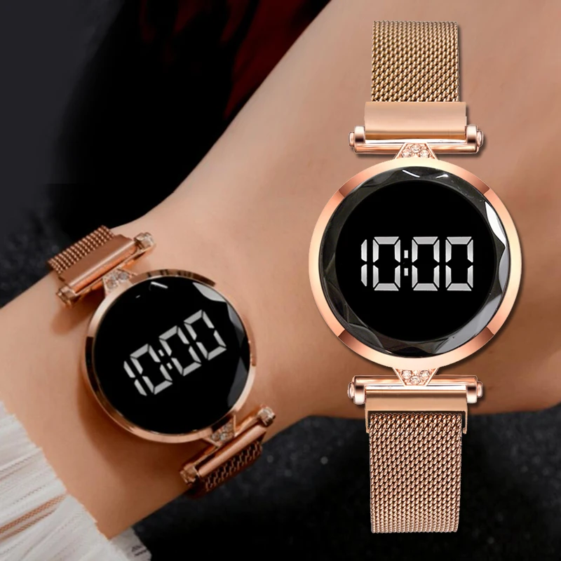 Luksuzni LED Ženske Magnetna Zapestnica Ure Rose Zlata Digitalni Obleko Watch Quartz ročno uro Ženske Ure relogio feminino