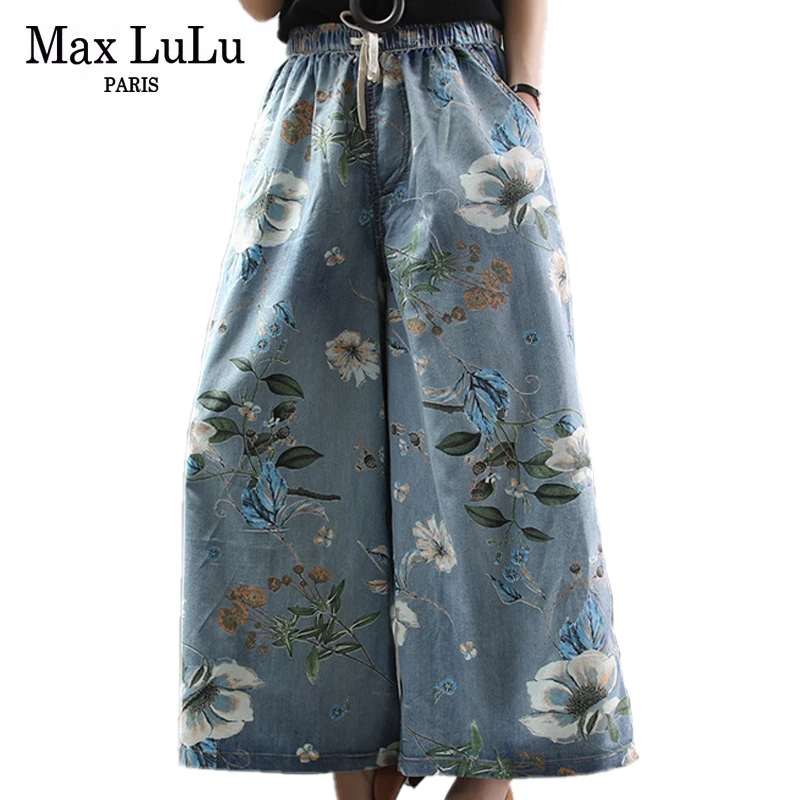 Max LuLu Novo 2020 Pomlad Kitajski Modi Dame Letnik Natisnjeni Kavbojke Ženske Cvetlični Traper Hlače Svoboden Širok Noge Hlače Plus Velikost