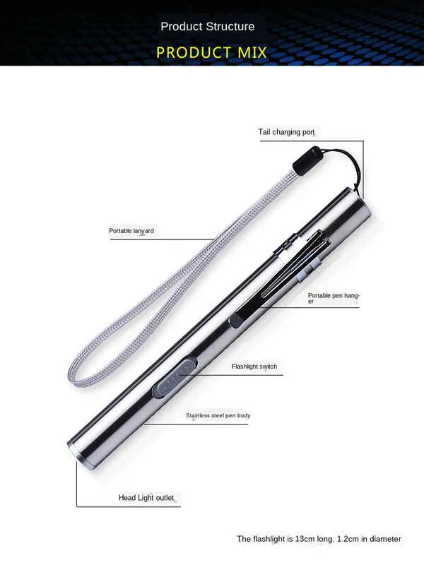 Medicinske Priročno Pero Lahka USB Polnilna Mini Nego Svetilka LED Svetilko + Posnetek iz Nerjavečega Jekla Kakovosti in Strokovni