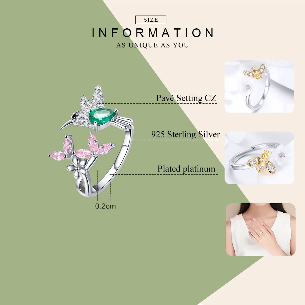 Moda 925 Sterling Srebrna Ptica Hummingbird Kristalno Obroči Izjavo Obroči za Ženske Mode 2019 Moda Nakit, Dragulji, HVR016