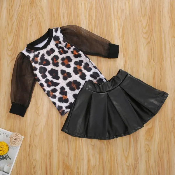 Moda Baby Dekleta Leopard Obleko Puff Rokav Črne Očesa Majica Dolg Rokav Vrh Prekrita Krilo Kul Dekleta 2 Kos Oblačila 1-5 Let