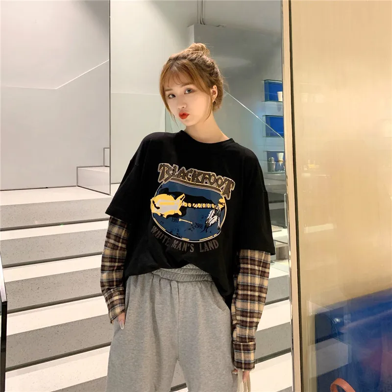 Moda Dolg Rokav t-shirt korejski Preprosto prevelik grafični tees Ženske majice Prosti čas Kariran mozaik majica bela črni vrh