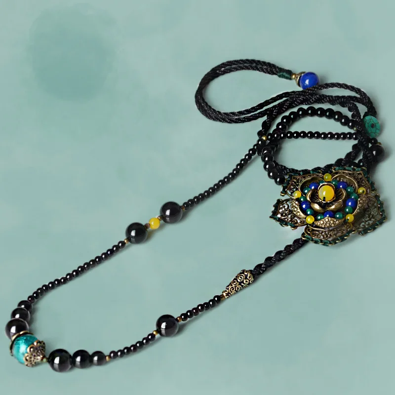 Moda letnik ogrlica dolg pulover ogrlico,etnične kamen nakit ogrlica,stekla, stekla, bakreni dodatki kamni ogrlica
