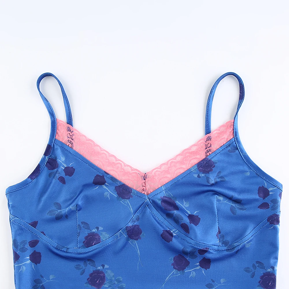 Modra crop zgornji del ženske majice s traku Y2K estetike vrhovi ženske letnik camisold poletje 2020 E-dekle mozaik čipke tee