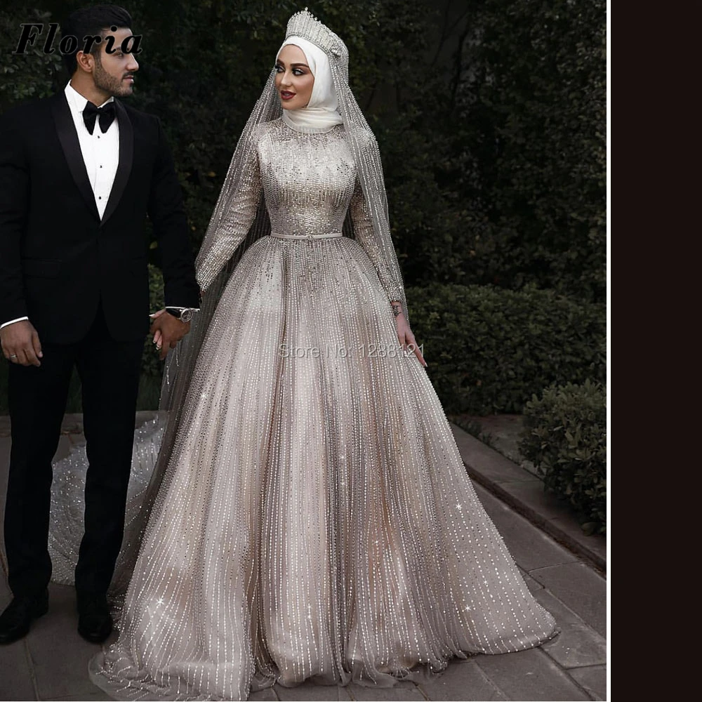 Najnovejši Arabski Beading Poročne Obleke Beaded Kristali Poročne Obleke Muslimanskih Dolgo, Poroka, Nevesta Obleke 2020 Po Meri Vestidos De Noiva