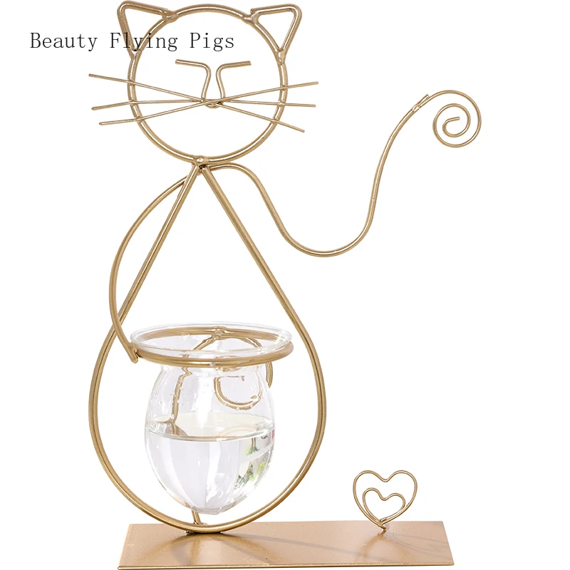 Neposredno ins veter zlato kovanega železa luštna mačka živali obliko hydroponic steklena vaza dnevna soba ustvarjalne cvetlični aranžma ornament
