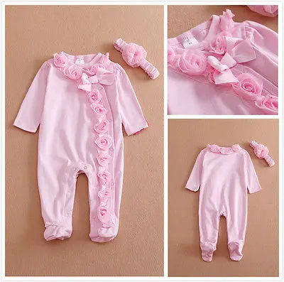 Newborn Baby Dekleta z Dolgimi Rokavi Romper Tri-dimenzionalni Cvet Obleka, Jumpsuit Obleke Obleke Set Priložen Trak za lase