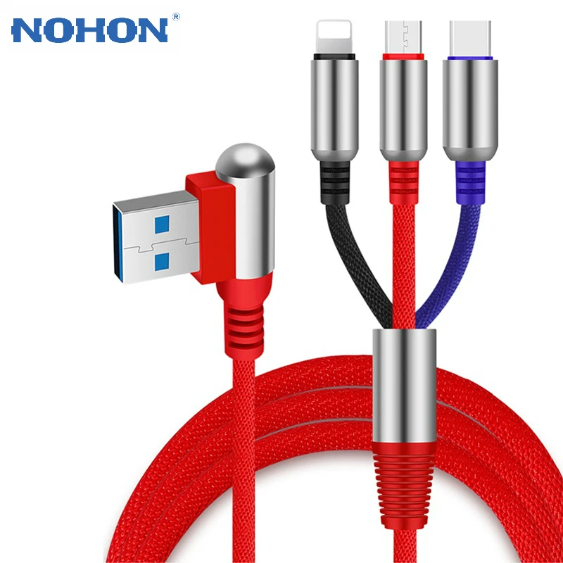 NOHON 3 v 1 Bullet Modeliranje Tipa C Mikro USB Kabel za Huawei 90 Stopinj Komolec Hitro Polnjenje 2.4 8Pin Za iPhone 11 Pro MAX