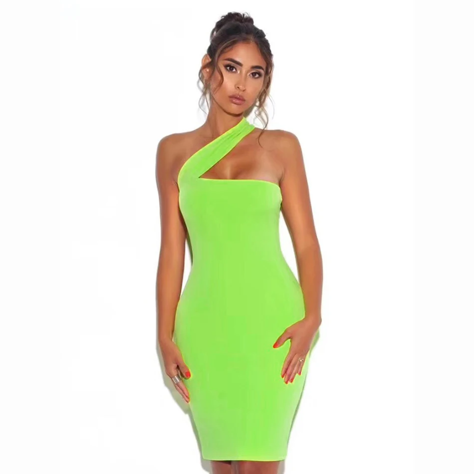 Nova Moda Seksi Fluorescentno Zeleno-Rami Obleko 2020 Jeseni Žensk Bodycon Klub Stranka Obleko Vestidos
