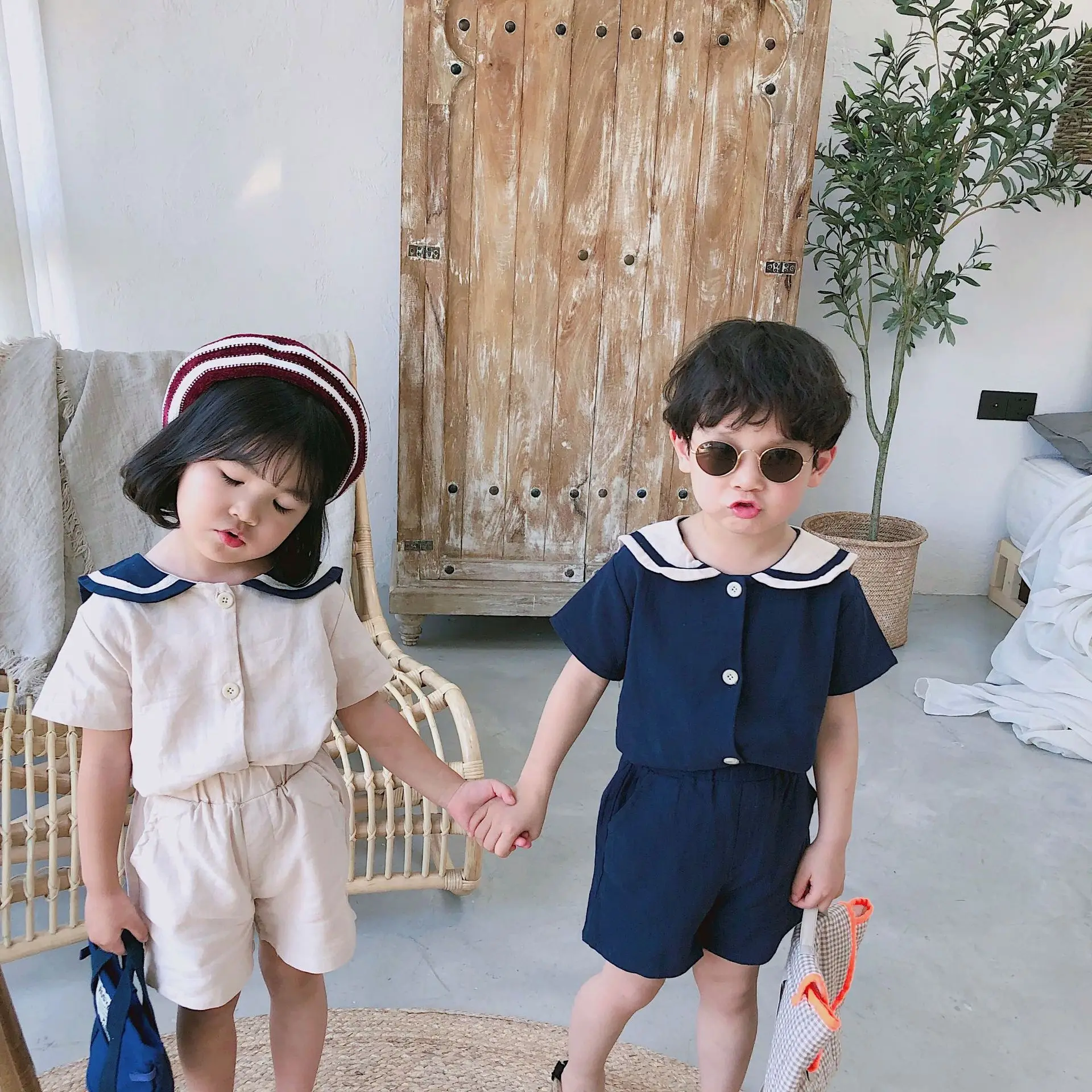 NOVI korejski slog otroci mornar ovratnik bombaž perilo oblačila določa srčkan fantje dekleta kratek sleeve majica + hlače 2pcs obleke