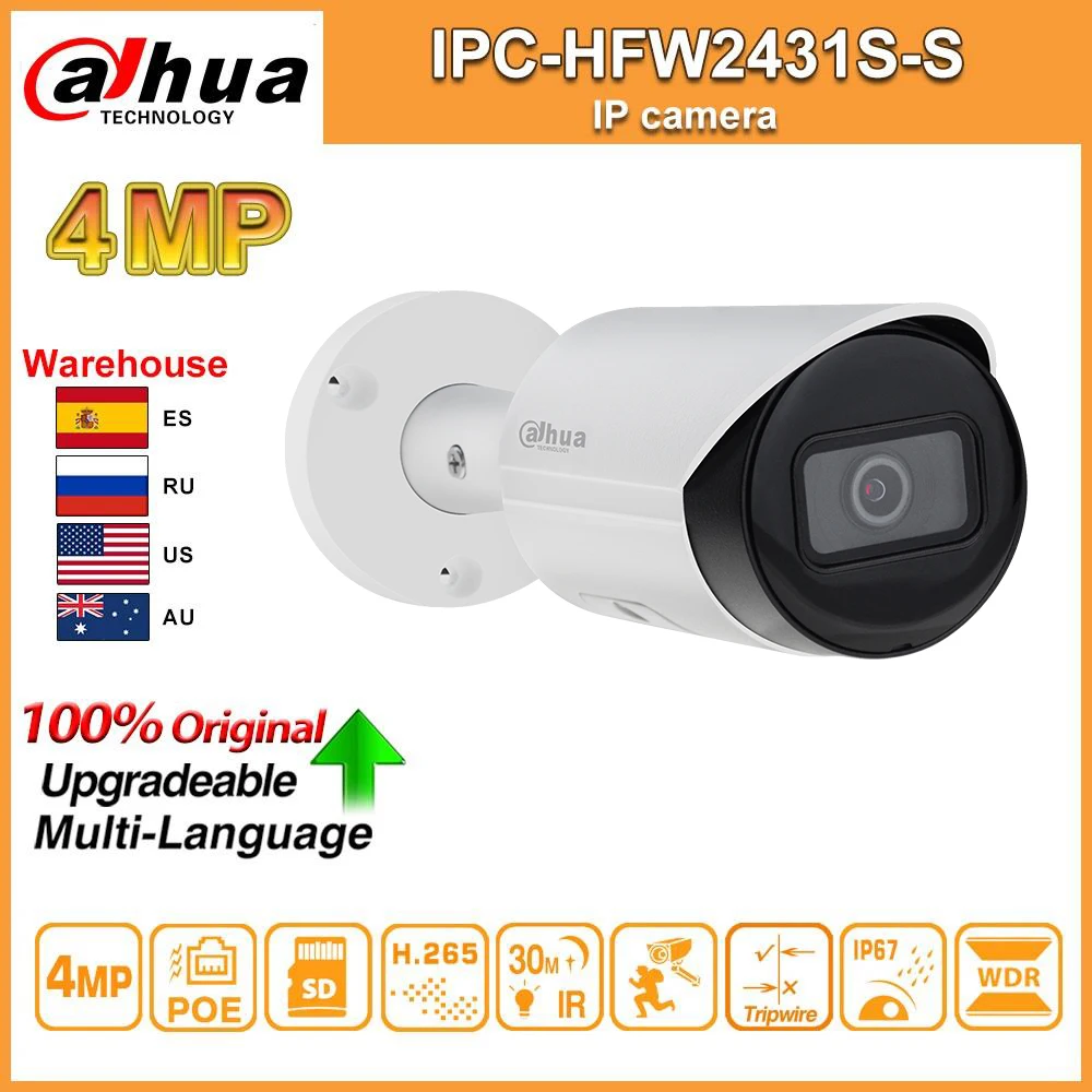 Original Dahua IP kamero IPC-HFW2431S-S-S2 4MP POE Reža za Kartico SD H. 265 IP67 IK10 Nadgradljivo Mini Kamera Bullet Nočni IVS WDR