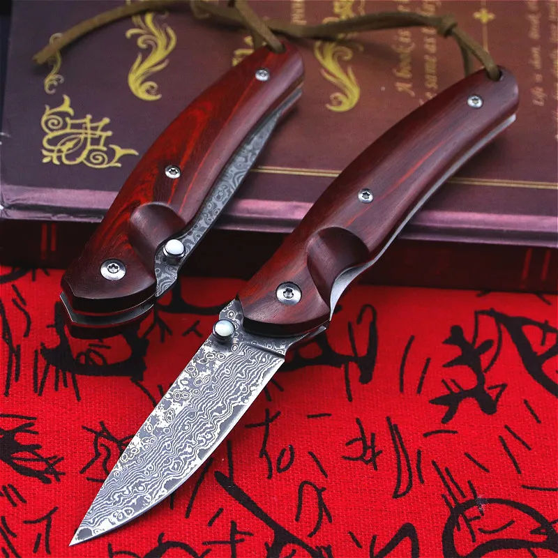 PEGASI Rdeče sandalovine Damask jekla, zložljiv nož oster žep folding nož v Damask nož zunanja zložljiva taktično nož