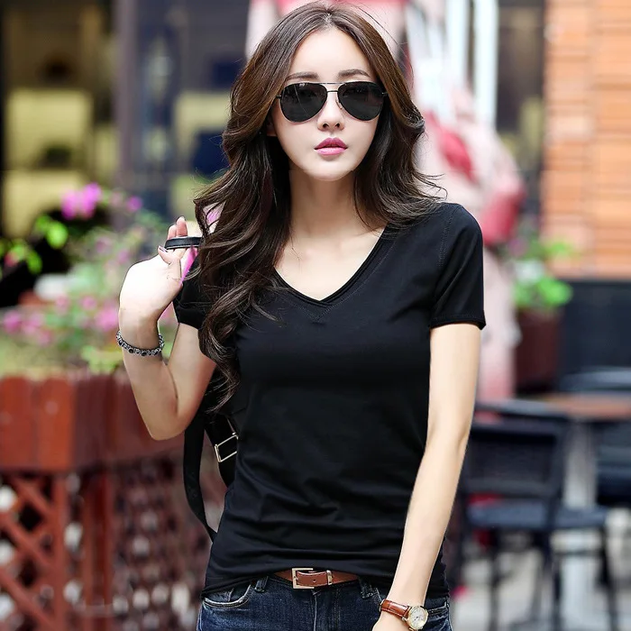 Pomlad/Poletje novo korejska različica hujšanje slim preprosto V vratu navaden barvni kratek sleeved majica s kratkimi rokavi top ženska moda in ženske
