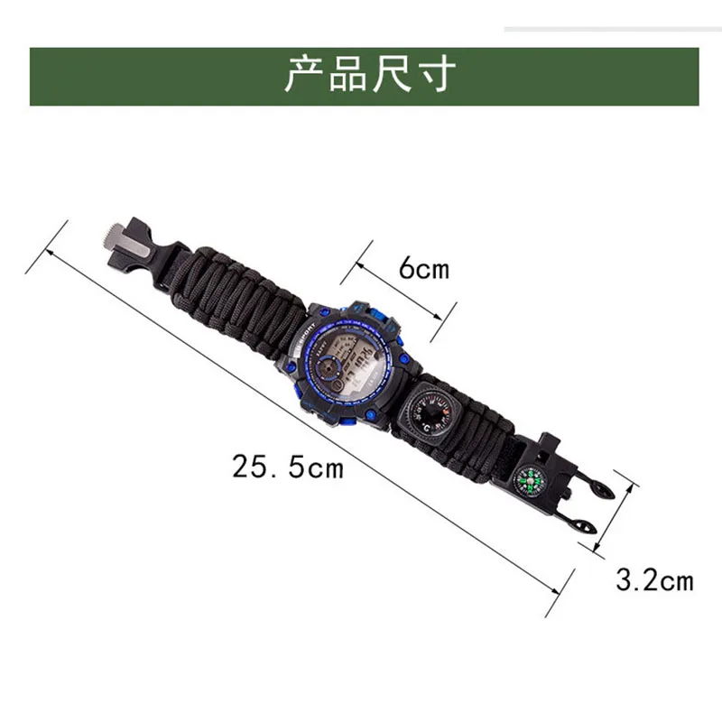 Preživetje Prostem Zapestnico Watch Sili Multi-funkcionalne Nepremočljiva 50M Paracord Nož Kompas Termometer Piščalke za Prvo Pomoč