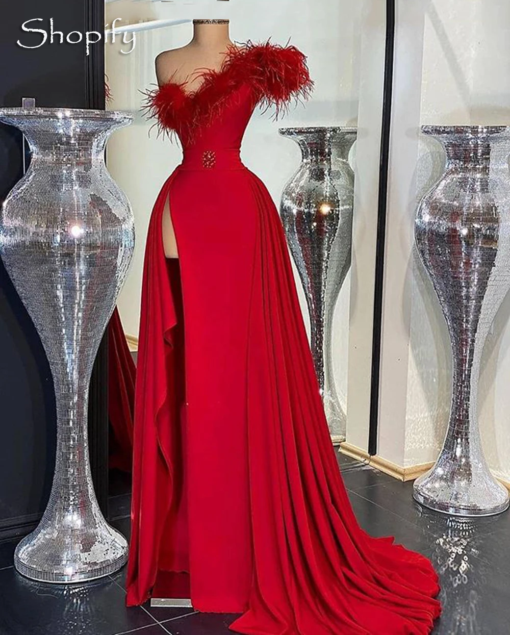 Rdeča Dolgo Večerno Obleko 2020 Visoko Režejo Eno Ramo Elegantno Pero Dubaj Slog Afriške Ženske Formalno Večernih Oblek