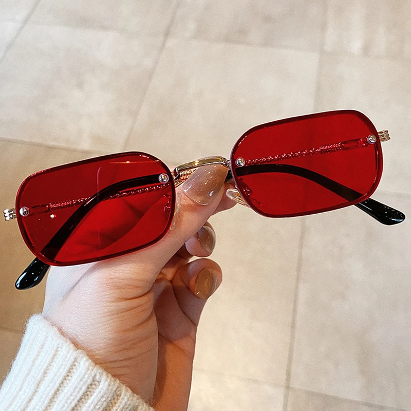 Rimless Kvadratek Gradient Rjava Sončna Očala Za Ženske 2021 Novo Vintage Črna Rdeča Uv400 Očala Moških Zlitine Kul Sončna Očala