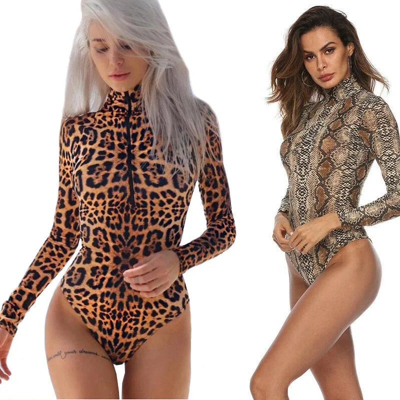 Seksi, Divje Fantazije Suh Leopard Živali Dolg Rokav Želva Vratu Polo Leotard Unitard Obleka Top Cat Ženska Catsuit Kostum