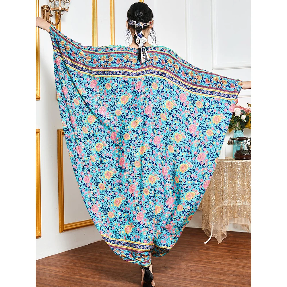 Siskakia Batwing Rokav Abaya Obleko Udobno Viskoze Cvetlični Jutranje Halje za Ženske Poletje Muslimanskih arabski Oblačila 2020 Nova