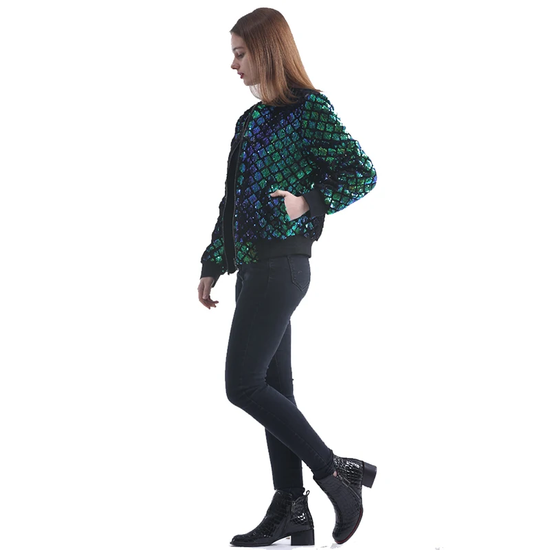 SLLSKY Ženske Jeseni Priložnostne Kratka Jakna Fashion Zelena Bleščica Geometrijske Tanek Plašč O-vratu Zadrgo Visoko pasu 2020 Lady je Outwear