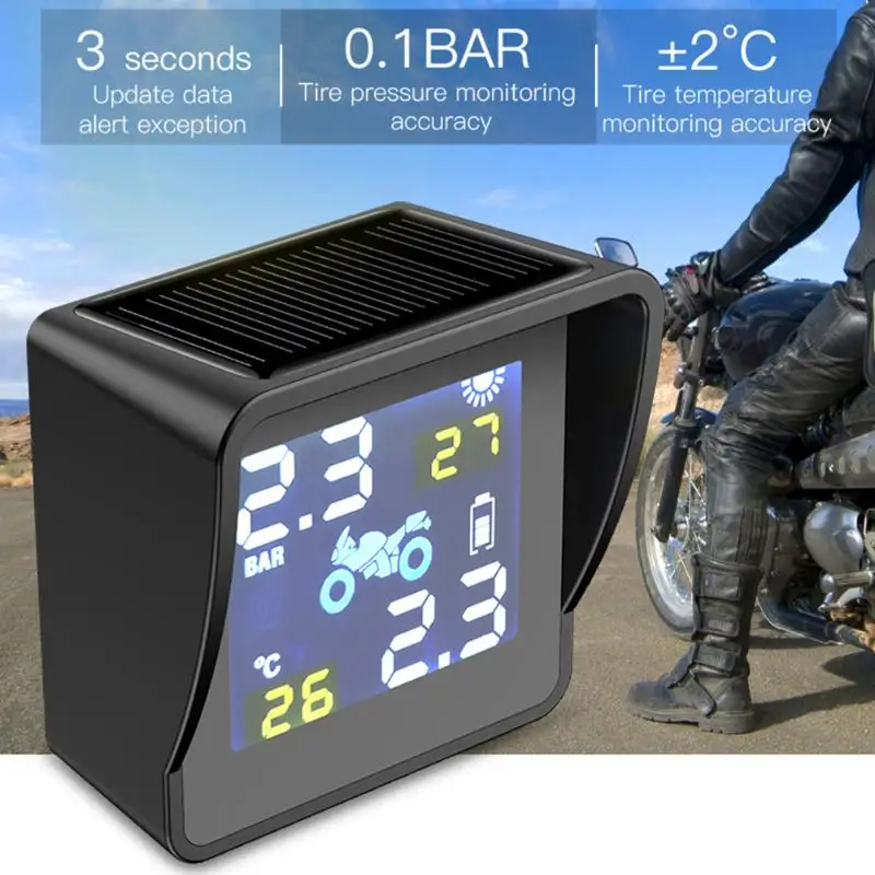 Solarno Polnjenje LCD Motocikel TPMS Tlaka v Pnevmatikah Pnevmatike Nadzor Temperature Alarmni Sistem Auto Nadomestni Deli z 2 Senzorji