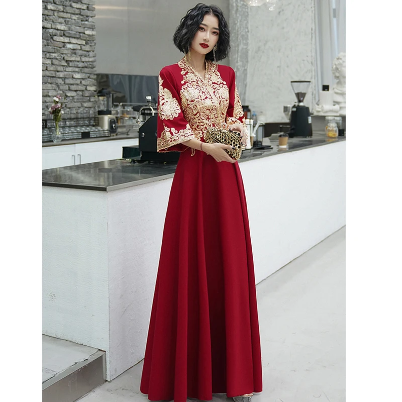 To je Yiiya Večerno Obleko 2020 Zlate Vezenine, Čipke Večerne Obleke Plus Velikost V-neck Formalnih Obleke Pol Rokav haljo de soiree LF089