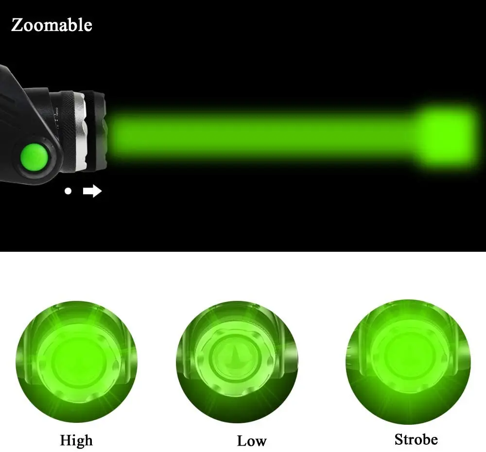 TopCom Prenosni USB Polnilne Zelena LED Žaromet 3-Mode Zoom Smerniki Močan 5W Nastavljiva Glavo Baklo Za Kampiranje, Lov