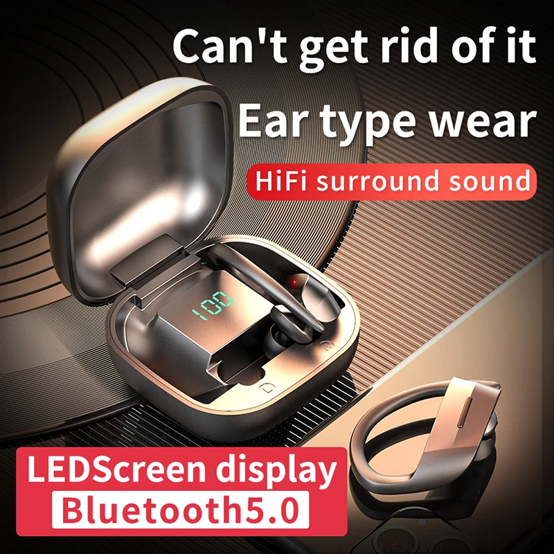 TWS 5 Slušalke Bluetooth Brezžične Slušalke Z Mikrofonom HiFi Stereo Čepkov Nepremočljiva Šport Uho Kavelj LED Zaslon Slušalke