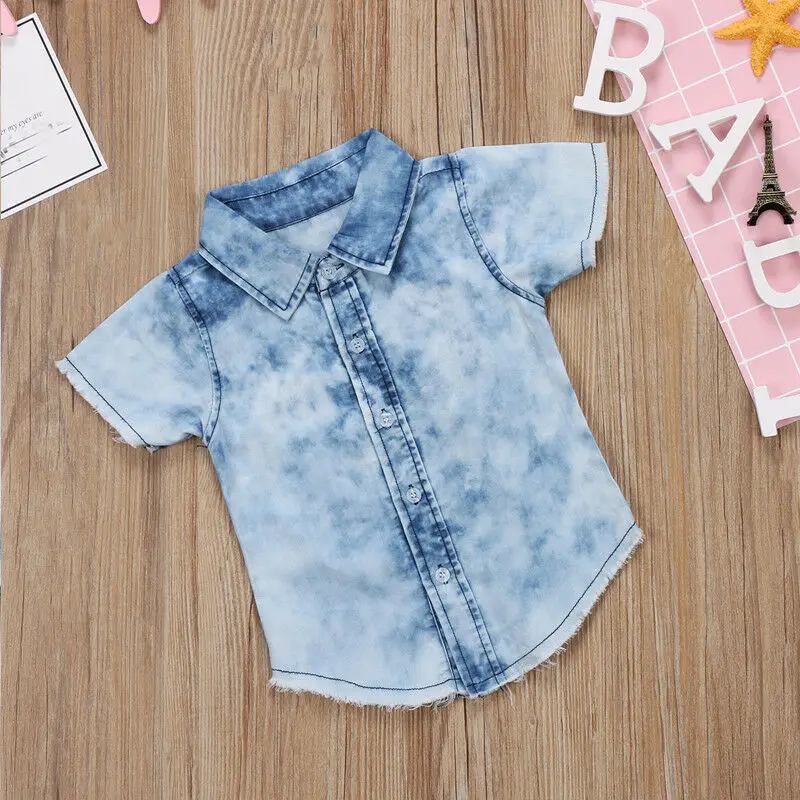 UK Novorojenčka Otroci Baby Boy 2T-7T Modro Nebo, Denim Bluzo Gumb Vrhovi Kavbojke T-shirt Poletje