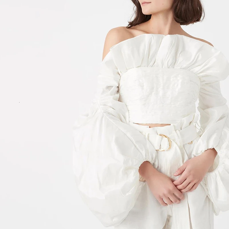 VGH Elegantno Ruffles Bluze Ženska Poševnica Vratu Luč Dolg Rokav Slim Kratke Majice Za Ženskih Modnih Oblačil 2020 Poletje Tide