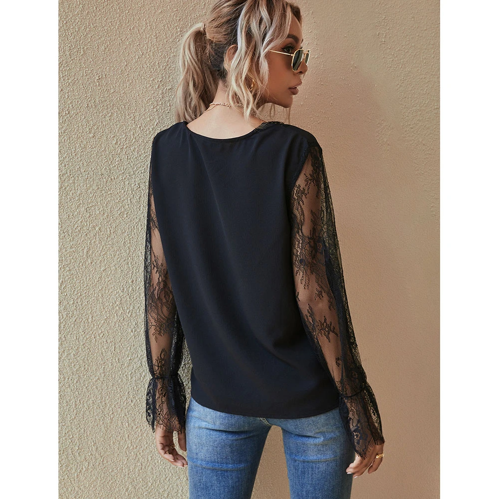 Čipke Mozaik Seksi Majice Za Ženske V Vratu Črne Majice z Dolgimi Rokavi Pulover Priložnostne Vrhovi XL