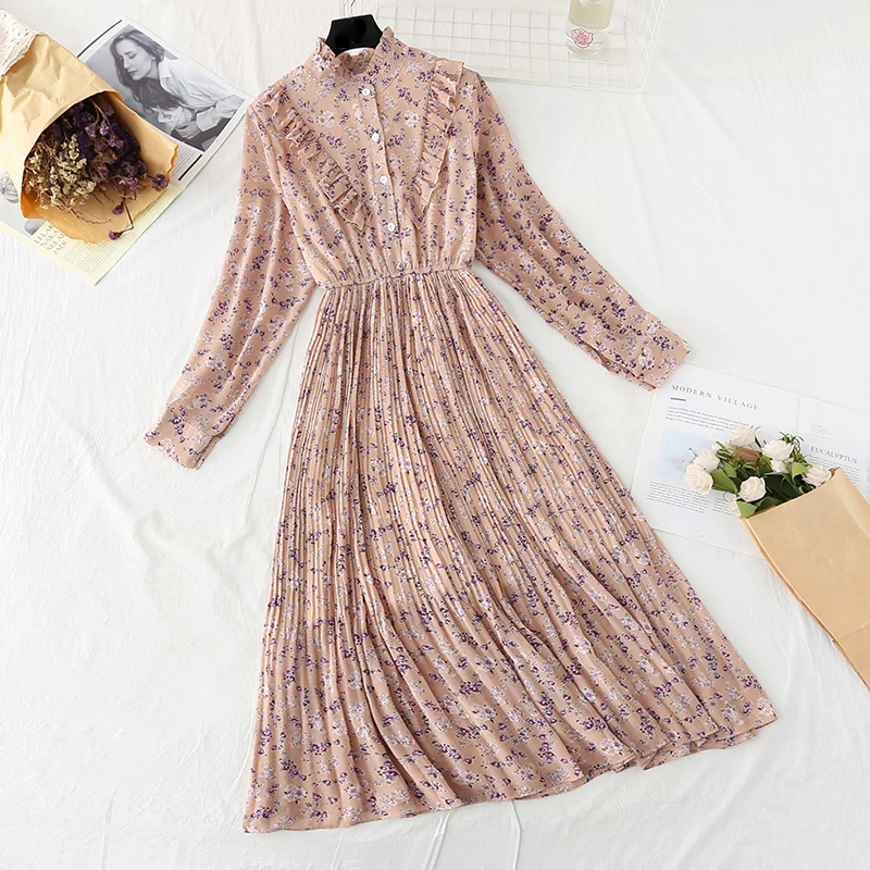 Ženske Obleka za Pomlad Naguban Moda 2020 Novo Cvjetnim tiskanja Slim Visoko Wasit Dolgo Urad Ženske Obleke z Dolgimi Rokavi Priložnostne obleko