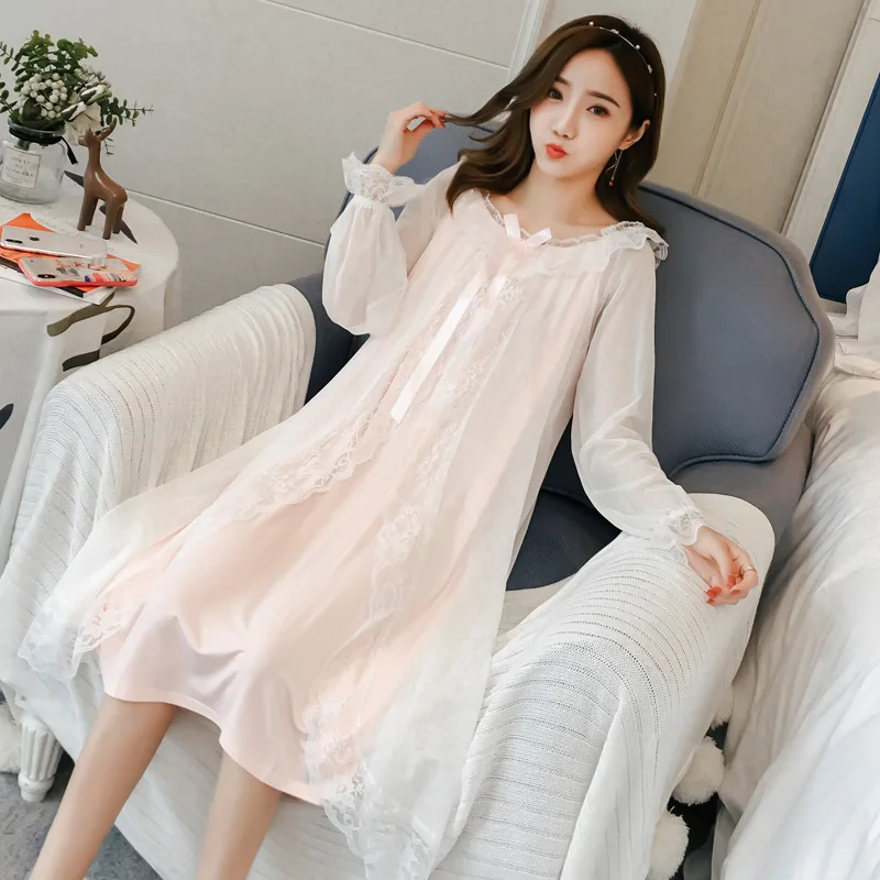 Ženske Pomlad Jesen Kopalni Plašč Bombaž Nightgown Long Sleeve Vintage Palace Čipke Nightgown Poletje Korejski Princess Style Nightdress