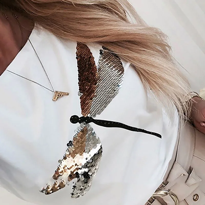 Ženske Tiste, Tiskanje Poletne majice O-vratu Dolg Rokav Dragonfly Priložnostne Tshirts Ženski 2020 Novo Modno Elegantna Dama Oblačila