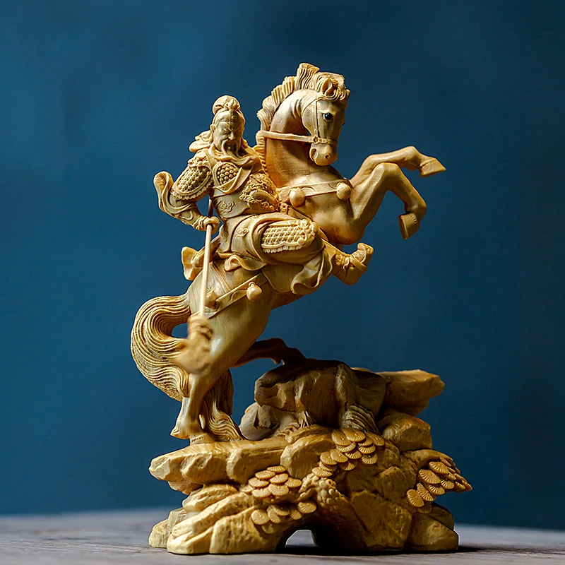 14 CM, Leseni Kip Šimšir Carving Bogastvo Bog Srečen, Jahanje Guan Gong Doma Dekoracijo Feng Shui Bogastvo Mesta Domov Dekoracijo